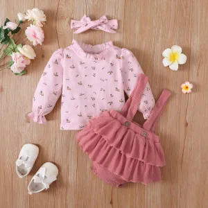 3pcs Baby Floral Print Long-sleeve Top and Ruffle Suspender Skirted Shorts Set #217802