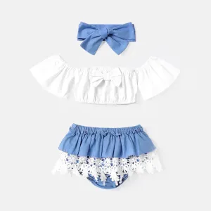 3pcs Baby Girl 100% Cotton Bow Front Off Shoulder Short-sleeve Crop Top and Lace Ruffle Trim Shorts & Headband Set #228910