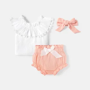 3pcs Baby Girl 100% Cotton Crepe Ruffle Trim Off Shoulder Pom Poms Top and Bow Front Shorts with Headband Set