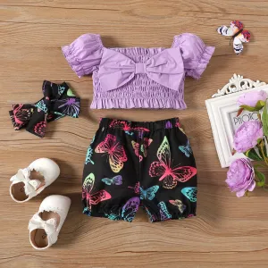 3pcs Baby Girl 100% Cotton Off Shoulder Puff-sleeve Bow Front Shirred Top and Allover Butterfly Print Shorts & Headband Set #896328