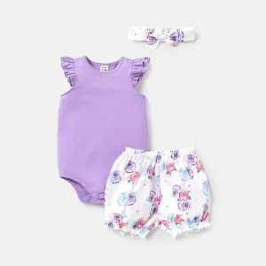 3pcs Baby Girl 100% Cotton Ruffle-sleeve Romper and Floral Print Shorts & Headband Set