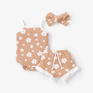 3pcs Baby Girl 3-piece Floral Print Textured Cami Romper and Ruffled Shorts & Headband Set #910208