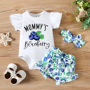 3pcs Baby Girl 95% Cotton Blueberry Print Short-sleeve Romper & Shorts & Bow Headband Set #920894
