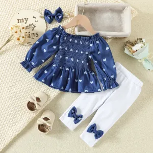 3pcs Baby Girl 95% Cotton Bow Decor Leggings and Allover Heart Print Long-sleeve Shirred Denim Top with Headband Set #206506