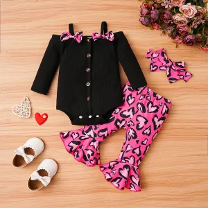3pcs Baby Girl 95% Cotton Buttons Front Bow Decor Long-sleeve Romper and Allover Leopard Print Ruffle Flared Pants & Headband Set #1056017