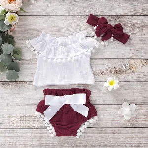 3pcs Baby Girl 95% Cotton Crepe Pompon Decor Flounced Collar Flutter-sleeve Set #802842