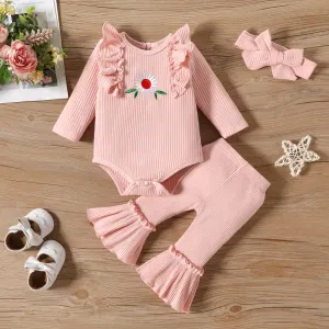 3pcs Baby Girl 95% Cotton Floral Embroidery Ribbed Ruffle Long-sleeve Romper and Solid Flared Pants & Headband Set #1056576