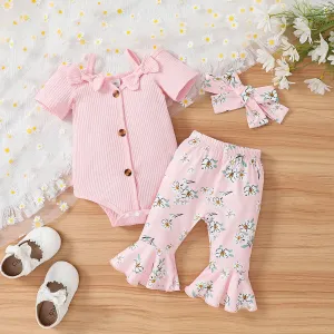 3pcs Baby Girl 95% Cotton Front Buttons Bow Decor Ribbed Short-sleeve Romper and Allover Floral Print Flared Pants & Headband Set #1035951