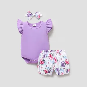 3pcs Baby Girl 95% Cotton Layered Ruffle Sleeve Romper with Floral Print Bloomers Shorts and Headband Set #197132