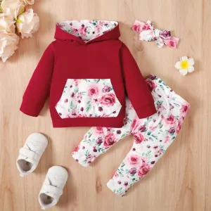 3pcs Baby Girl 95% Cotton Long-sleeve Hoodie and Floral Print Pants with Headband Set #187259