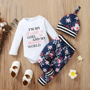 3pcs Baby Girl 95% Cotton Long-sleeve Letter and Floral Print Set #187864