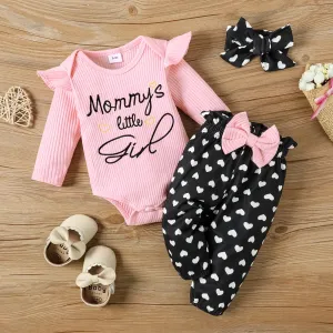 3pcs Baby Girl 95% Cotton Long-sleeve Rib Knit Letter Embroidered Romper and Allover Love Heart Print Pants with Headband Set #830257