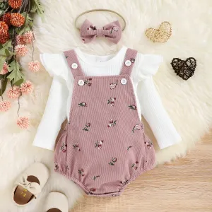 3pcs Baby Girl 95% Cotton Long-sleeve Solid Rib Knit Ruffle Trim Top and Floral Print Romper with Headband Set #206831