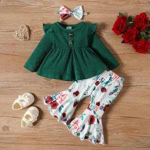 3pcs Baby Girl 95% Cotton Peplum Rib-knit Long-sleeve Top & Floral Print Flared Pants & Headband Set