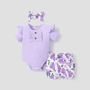 3pcs Baby Girl 95% Cotton Purple Ruffled Short-sleeve Rib-knit Romper & Floral Print Shorts & Headband Set #1038011