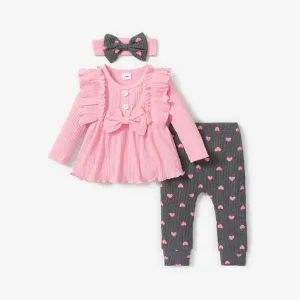 3pcs Baby Girl 95% Cotton Rib Knit Ruffle Trim Bow Front Long-sleeve Top and Allover Heart Print Leggings with Headband Set #221833
