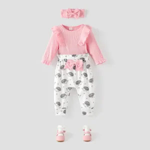3pcs Baby Girl 95% Cotton Ribbed Ruffle Long-sleeve Romper and Hedgehog Print Trousers with Headband Set