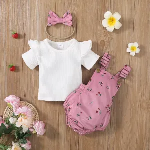 3pcs Baby Girl 95% Cotton Ribbed Ruffle Short-sleeve Top and Floral Print Romper & Headband Set
