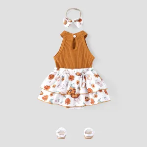 3pcs Baby Girl 95% Cotton Ribbed Sleeveless Crop Top and Floral Print Layered Ruffle Shorts & Headband Set