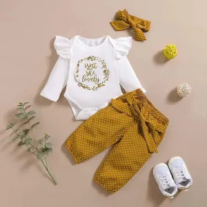 3pcs Baby Girl 95% Cotton Ruffle Long-sleeve Letter Ptint Romper and Polka Dots Pants with Headband Set #187190