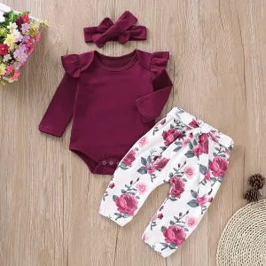 3pcs Baby Girl 95% Cotton Ruffle Long-sleeve Romper and Floral Print Pants with Headband Set #186575
