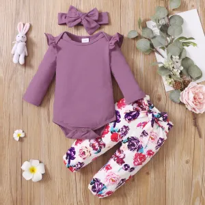 3pcs Baby Girl 95% Cotton Ruffle Long-sleeve Romper and Floral Print Pants with Headband Set #186576