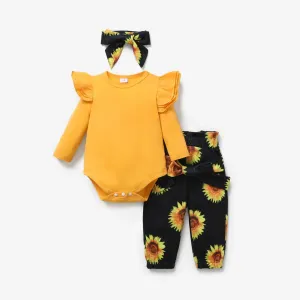 3pcs Baby Girl 95% Cotton Ruffle Long-sleeve Romper and Sunflower Floral Print Pants with Headband Set #187153