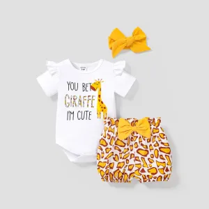 3pcs Baby Girl 95% Cotton Ruffle Short-sleeve Cartoon Giraffe Letter Print Romper and Bowknot Shorts with Headband Set