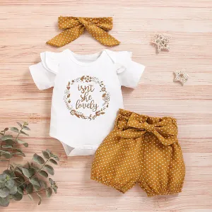 3pcs Baby Girl 95% Cotton Ruffle Short-sleeve Letter Print Romper and Dots/Floral Print Shorts with Headband Set #783520