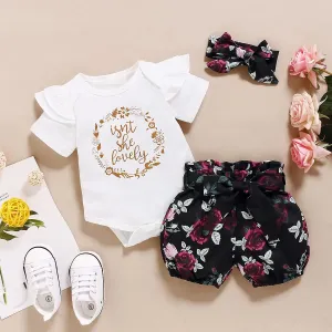 3pcs Baby Girl 95% Cotton Ruffle Short-sleeve Letter Print Romper and Dots/Floral Print Shorts with Headband Set #783522