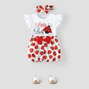 3pcs Baby Girl 95% Cotton Ruffle Sleeve Letter Print Romper and Ladybugs Print Shorts with Headband Set