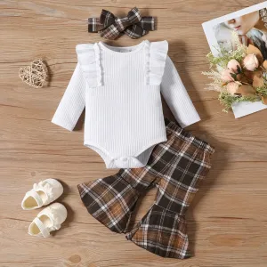 3pcs Baby Girl 95% Cotton Ruffle Trim Long-sleeve Rib-knit Onesies & Plaid Flared Pants & Headband Set #1053869