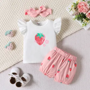 3pcs Baby Girl 95% Cotton Strawberry Pattern Ruffle Top and Shorts & Headband Set #1041731