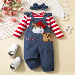 3pcs Baby Girl 95% Cotton Stripe Long-sleeve Top and 97% Cotton Giraffe Embroidery Ruffle Overalls & Headband Set