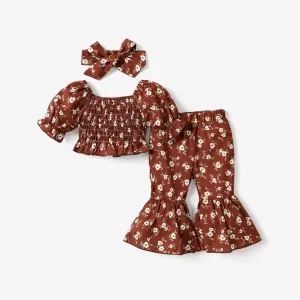 3pcs Baby Girl Allover Floral Print Puff-sleeve Shirred Crop Top and Flared Pants & Headband Set