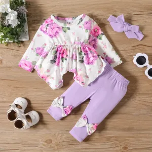 3pcs Baby Girl Allover Floral Print Ruffle Long-sleeve Romper and 95% Cotton Bow Decor Pants & Headband Set #1053531