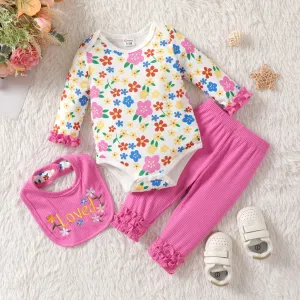 3pcs Baby Girl Allover Floral Print Ruffle Long-sleeve Romper and Ribbed Solid Pants & Bib Set #1053370