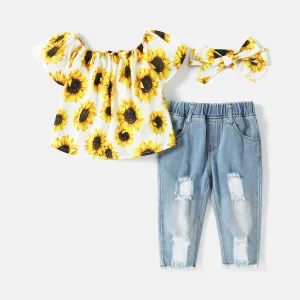 3pcs Baby Girl Allover Sunflower Floral Print Off Shoulder Short-sleeve Top and Ripped Jeans with Headband Set