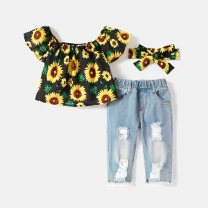 3pcs Baby Girl Allover Sunflower Floral Print Off Shoulder Short-sleeve Top and Ripped Jeans with Headband Set #765564
