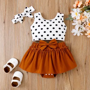 3pcs Baby Girl Bow Decor Polka Dots Strappy Top and Solid Skirt & Headband Set #1041943