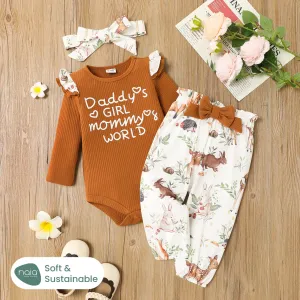3pcs Baby Girl Cotton Letter Print Ribbed Long-sleeve Rompers & Animal Print Naiaâ¢ Pants and Headband Set