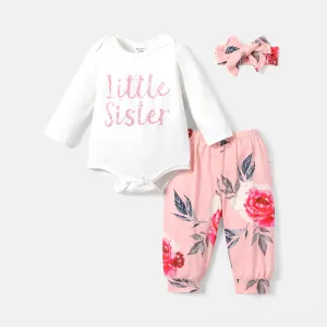 3pcs Baby Girl Cotton Long-sleeve Letter Graphic Romper and Floral Print Naiaâ¢ Pants & Headband Set #225998