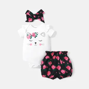 3pcs Baby Girl Cotton Ruffle Short-sleeve Cat Print Romper and Floral Print Bloomer Shorts & Headband Set #224036
