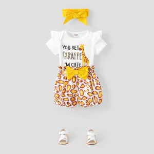 3pcs Baby Girl Cotton Short-sleeve Giraffe & Letter Graphic Romper and Bow Front Naiaâ¢ Bloomer Shorts & Headband Set