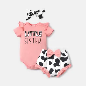3pcs Baby Girl Cotton Short-sleeve Letter Graphic Romper and Cow Print Naiaâ¢ Shorts & Headband Set #226275