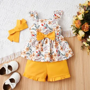 3pcs Baby Girl Floral Print Bow Decor Peplum Tank Top & 100% Cotton Shorts & Headband Set #1045894