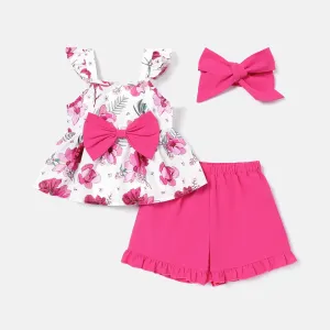 3pcs Baby Girl Floral Print Bow Front Flutter-sleeve Top & 100% Cotton Shorts & Headband Set