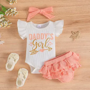3pcs Baby Girl Flutter-sleeve Letters Print Bodysuit and Ruffled Solid Skirt and Headband Set #1034629