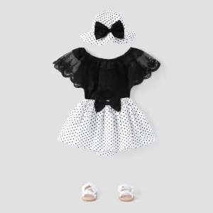 3pcs Baby Girl Lace Top and Allover Polka Dots Bow Decor Skirt and Hat Set #1033923