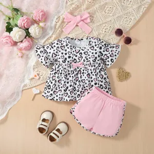 3pcs Baby Girl Leopard Pattern Ruffled Top & Shorts & Headband Set #1046450